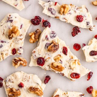 White Chocolate Cranberry Bark shards on countertop 1x1
