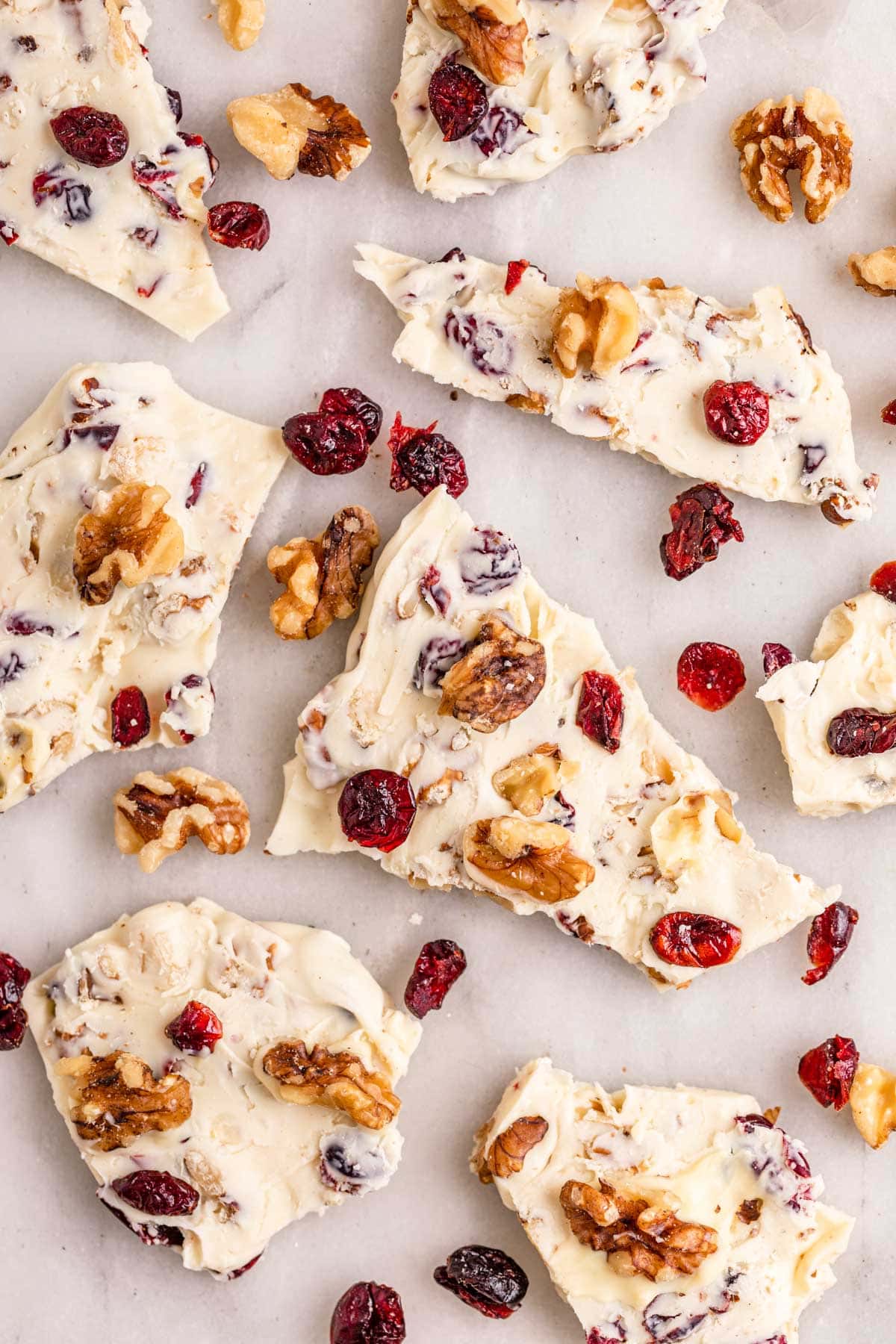 White Chocolate Cranberry Bark shards on countertop