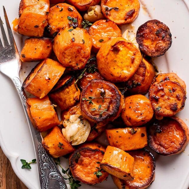 Roasted Sweet Potato rounds on serving platter 4x3