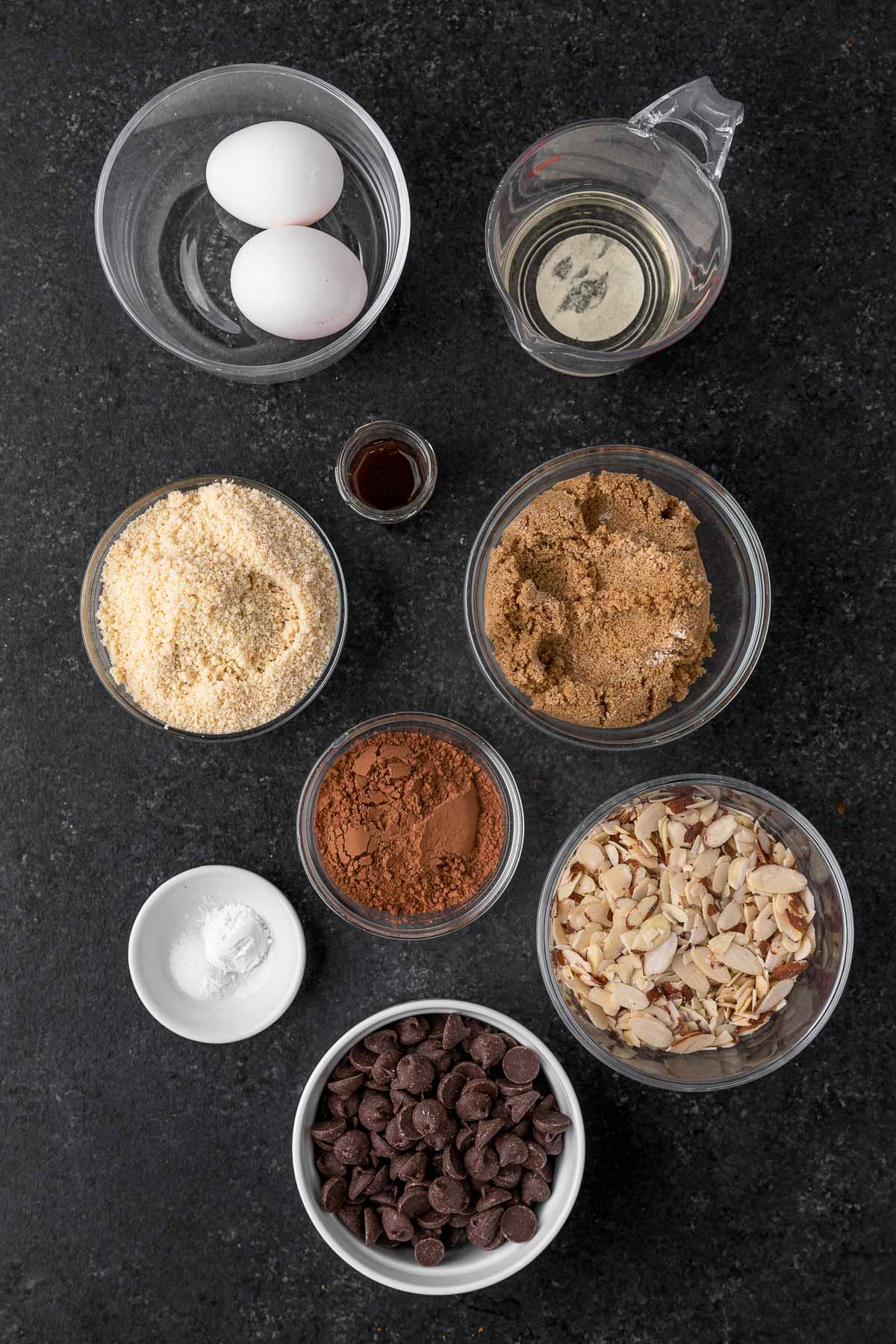 Almond Flour Chocolate Brownies ingredients in separate prep bowls