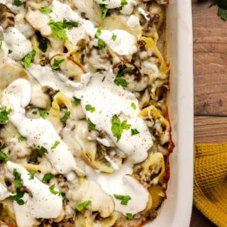Beef Stroganoff Stuffed Shells in baking dish 1x1