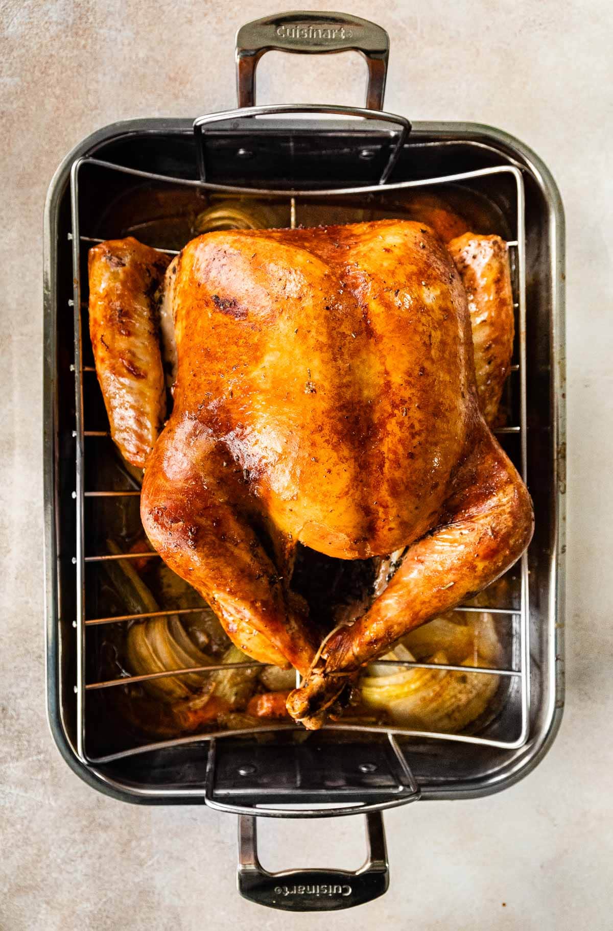 Butter Blanketed Turkey on roasting rack