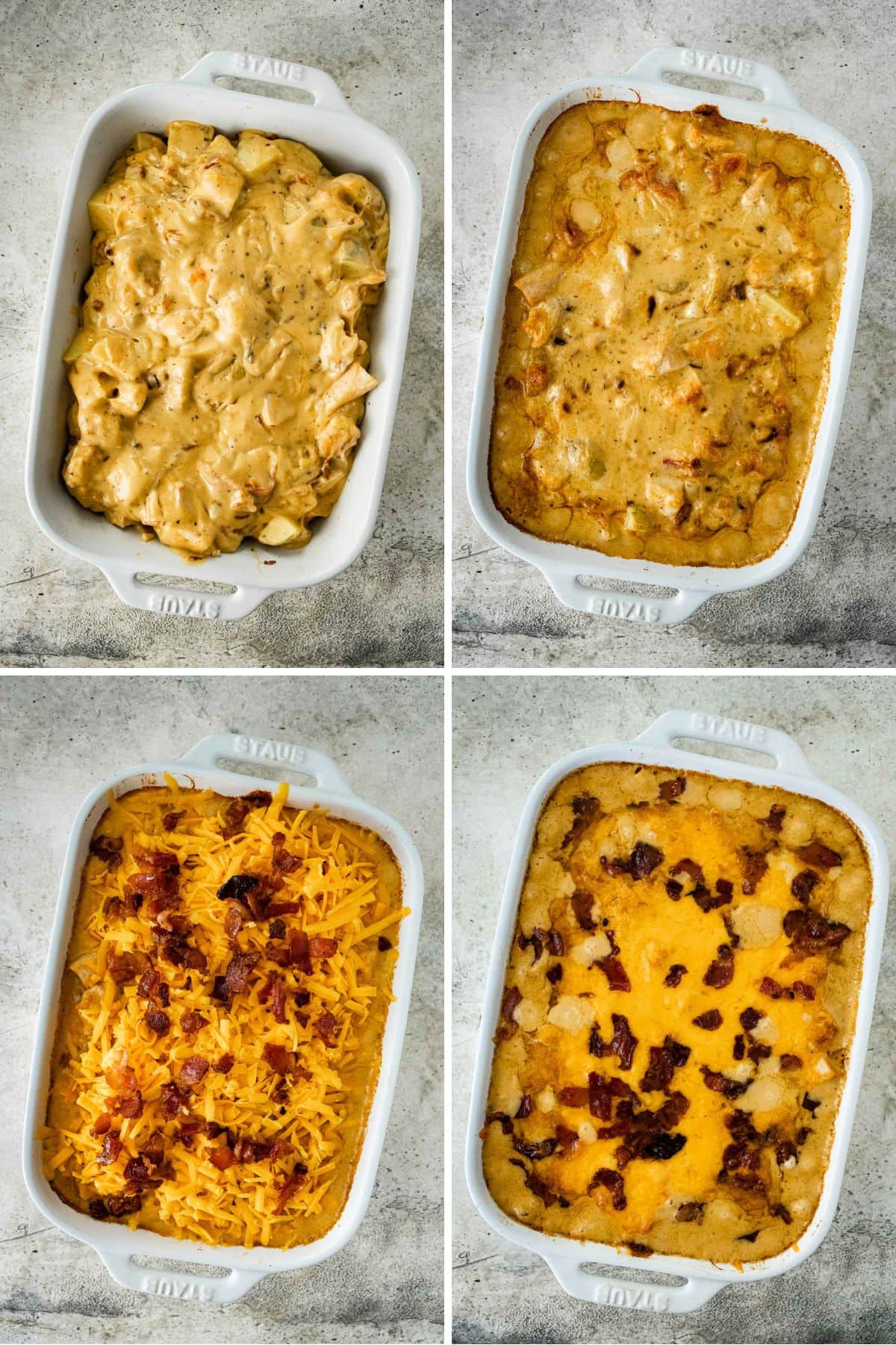 Chicken Bacon Ranch Gratin Potatoes assembly in baking dish steps collage