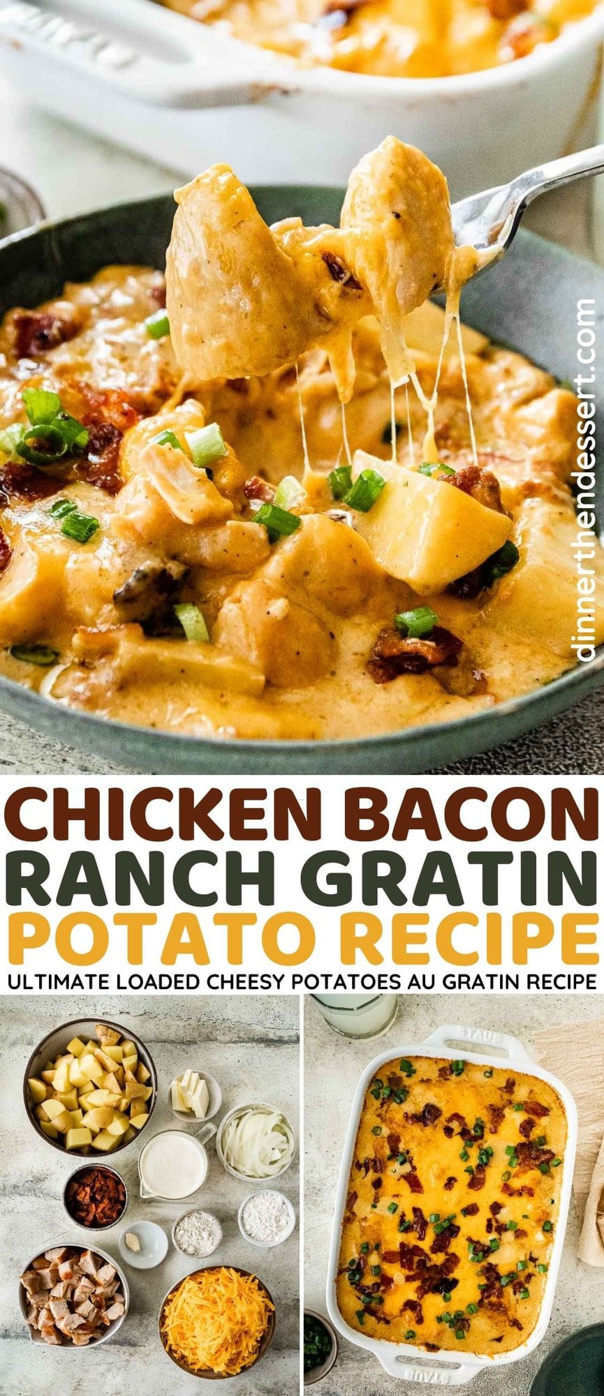 Chicken Bacon Ranch Gratin Potatoes serving in bowl with bite on fork and preparation collage