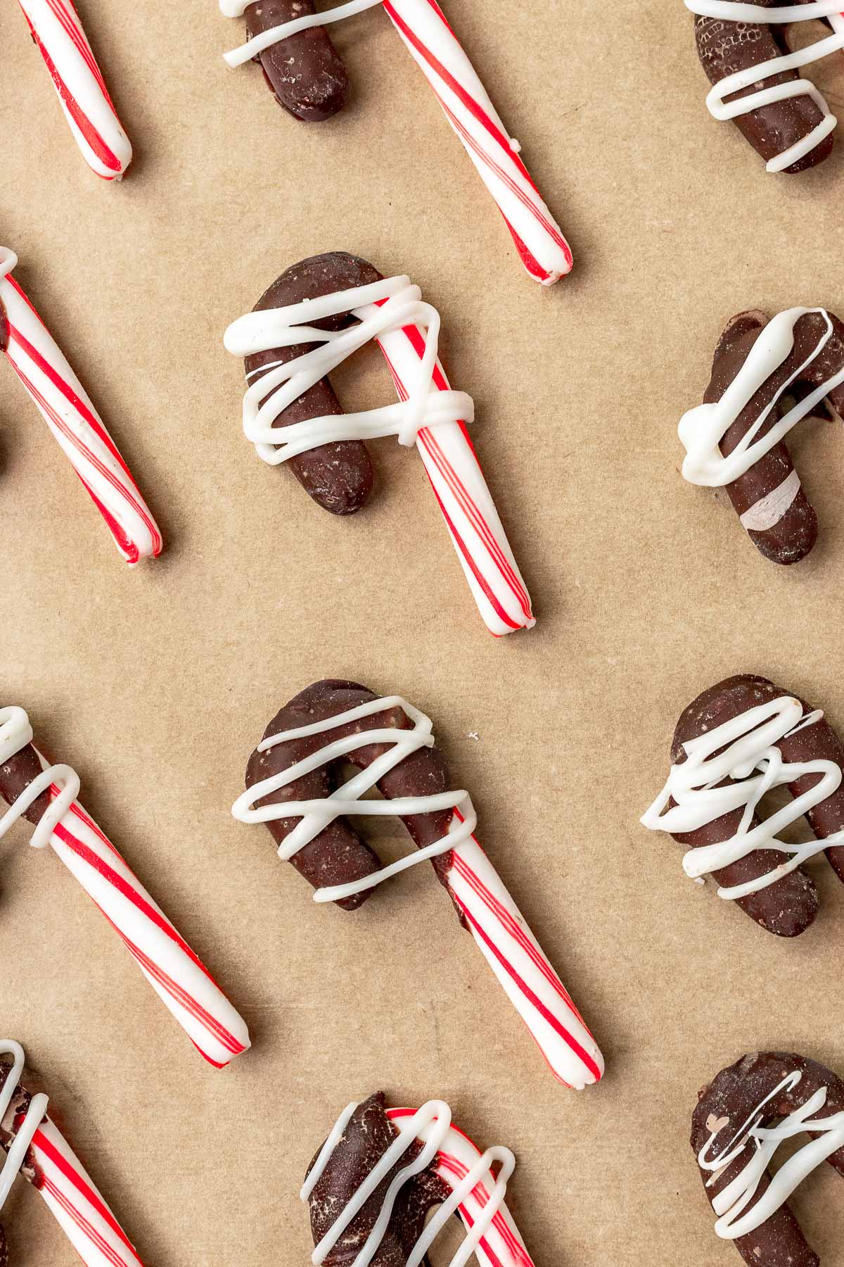 Chocolate Dipped Candy Canes on cookie sheet