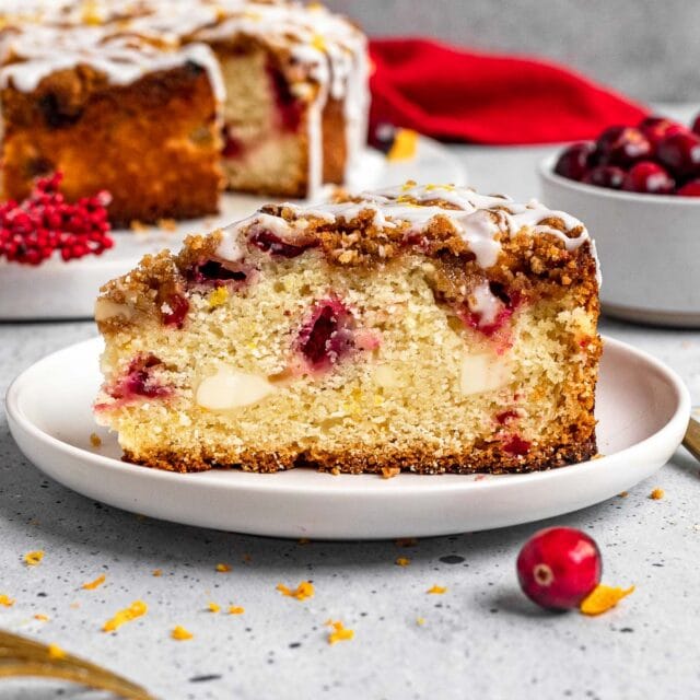 Cranberry Cream Cheese Coffee Cake slice on serving plate 1x1