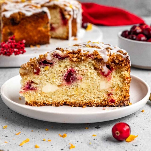 Cranberry Cream Cheese Coffee Cake slice on serving plate
