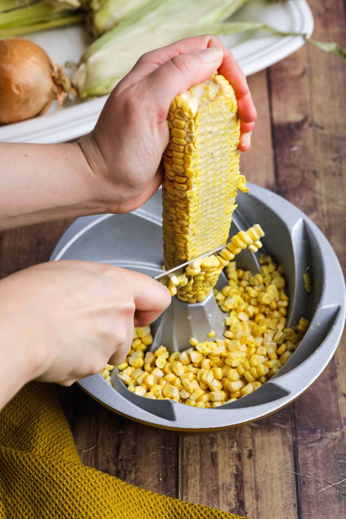 Creamed Corn removing kernels from cob