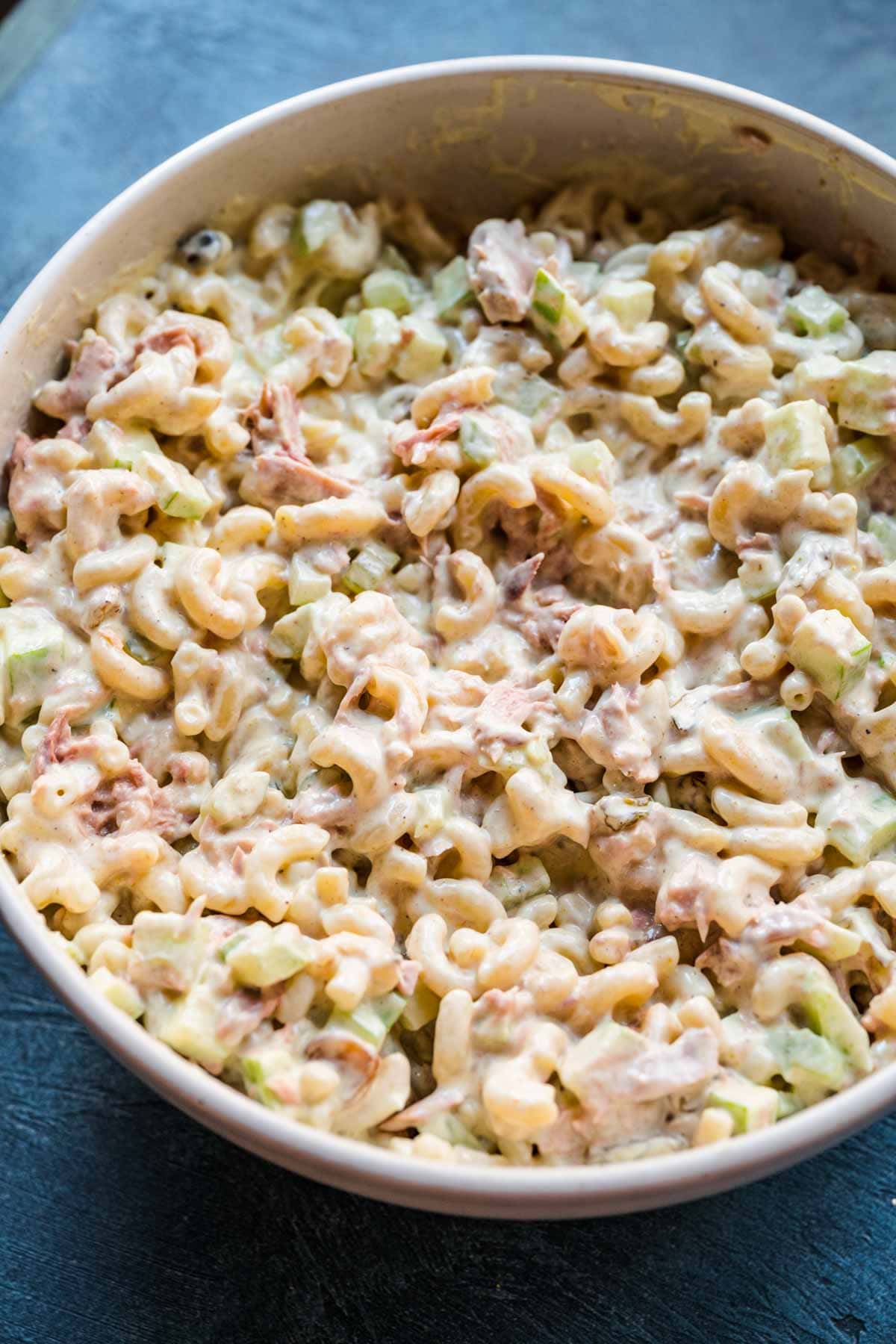 Curried Tuna Pasta Salad in serving bowl