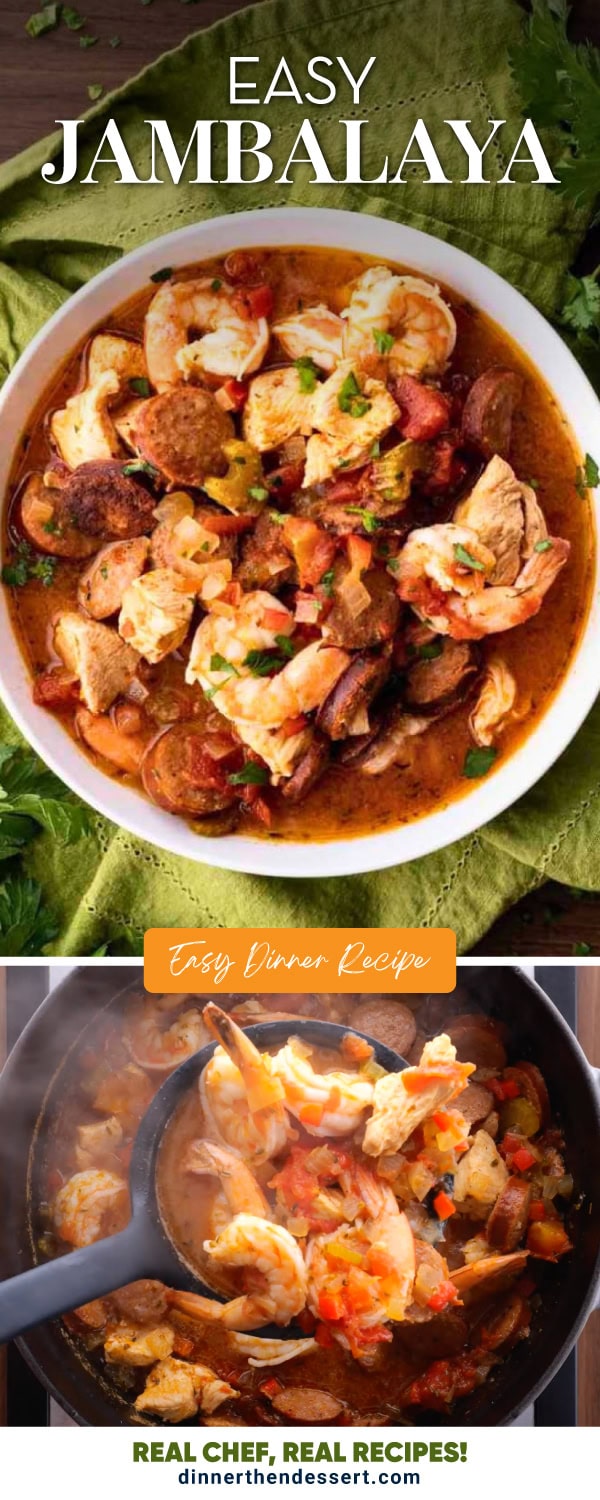 Large bowl of finished jambalaya and serving ladle.