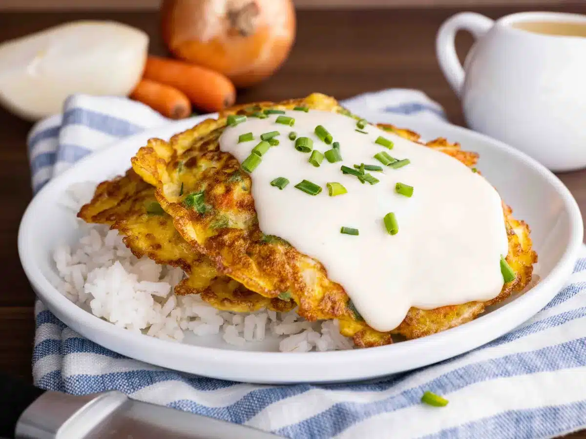 Ingredients cooked served on a plate on a bed of rice with gravy on top