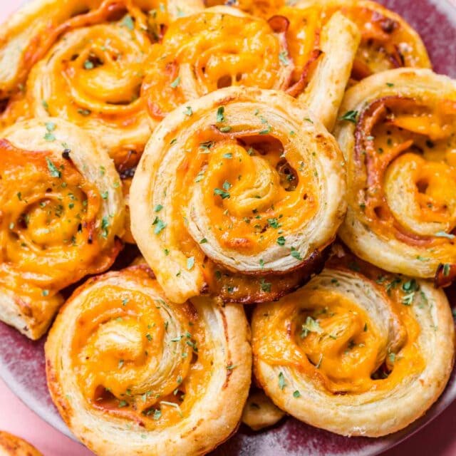 Ham & Cheese Puff Pastry Bites on serving platter 1x1