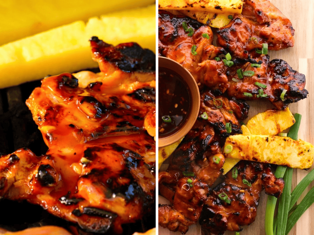 Collage of grilled and glazed chicken and pineapples