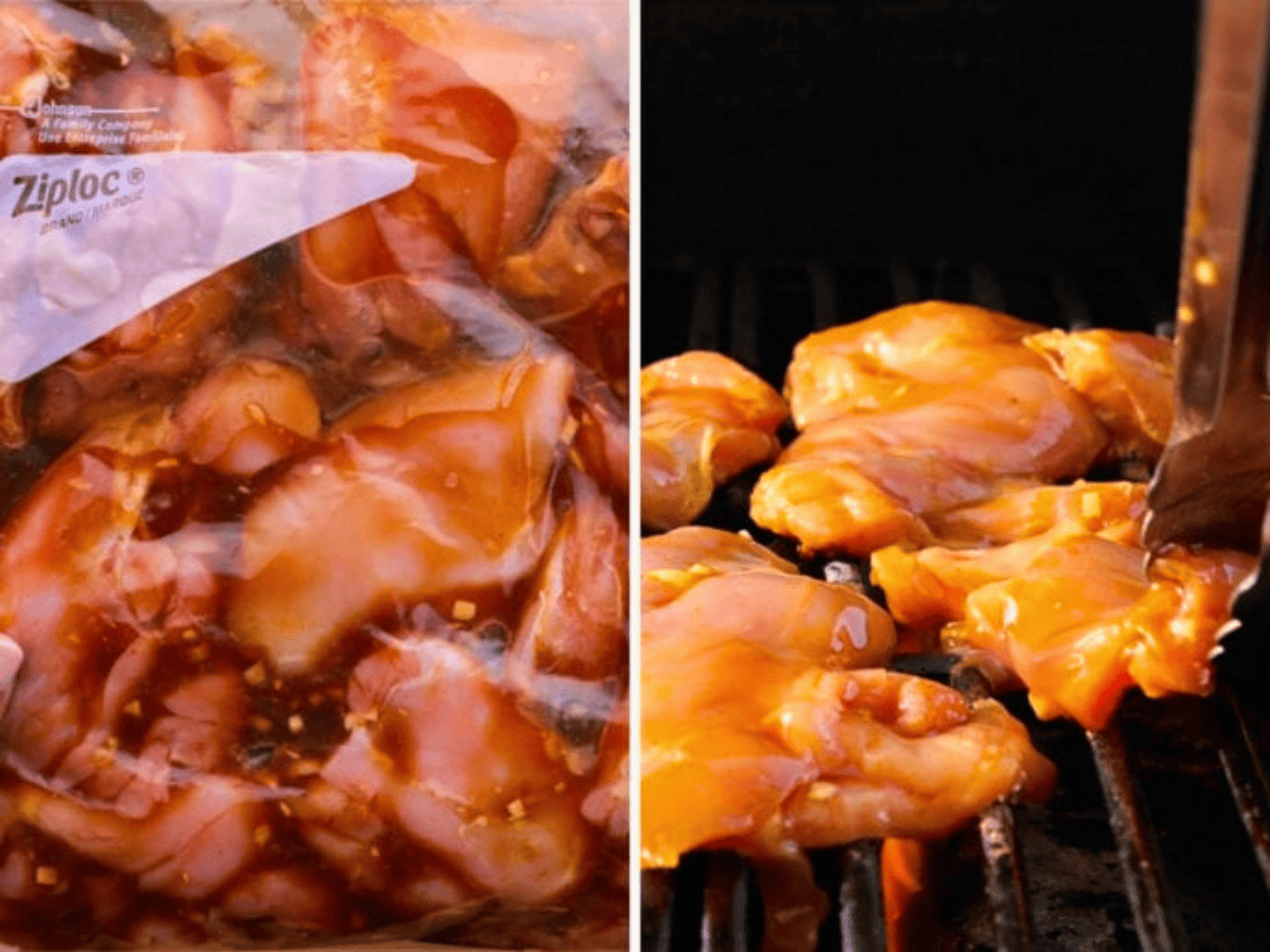 Chicken in marinade bag and on the grill