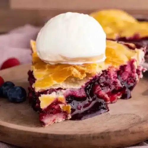slice of berry pie with ice cream on top