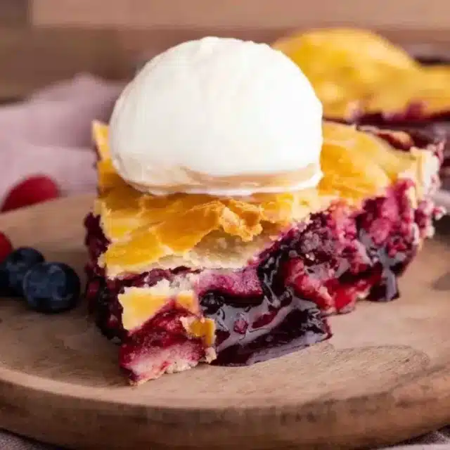 slice of berry pie with ice cream on top
