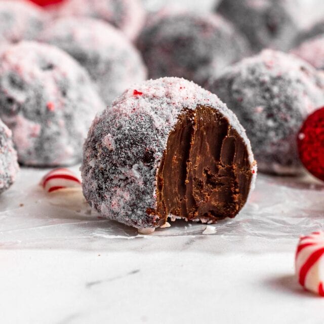 Peppermint Chocolate Truffles with bite taken out 1x1