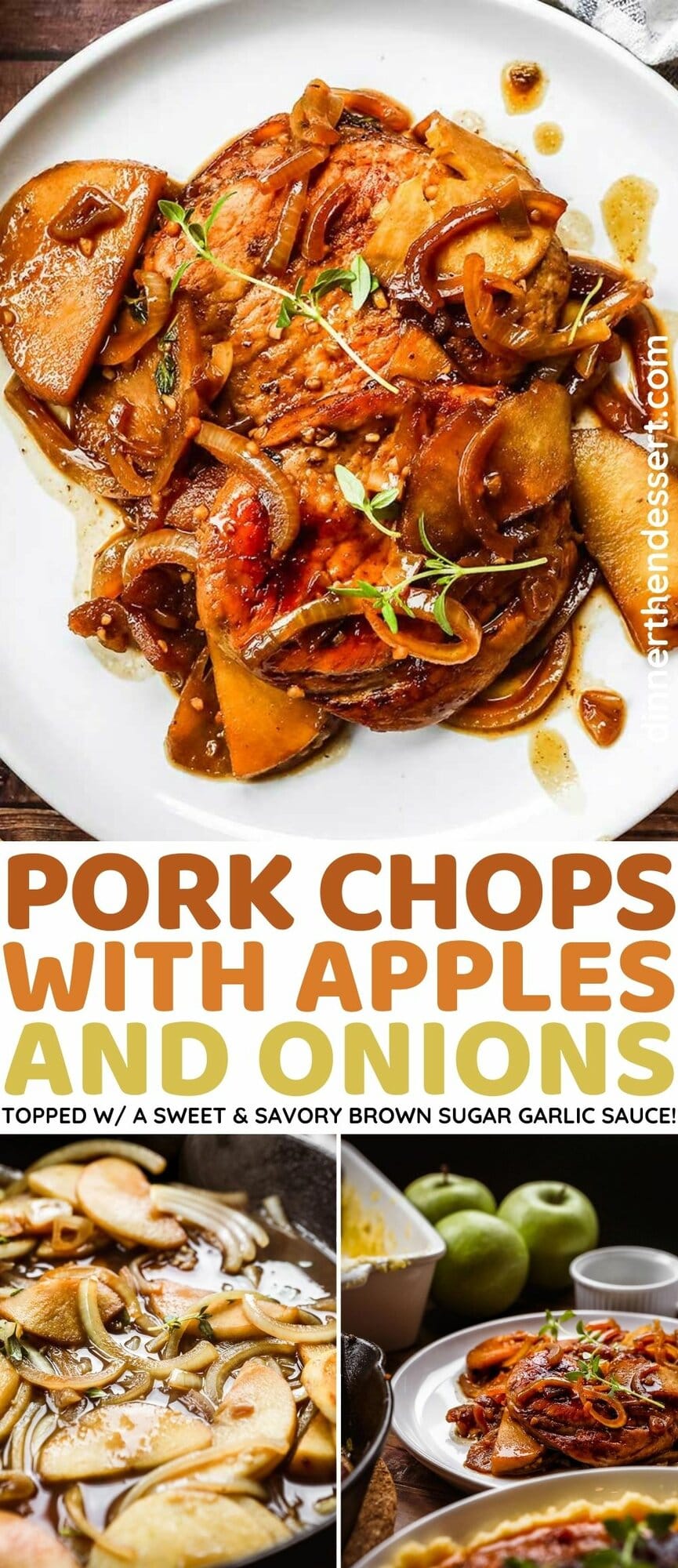 Pork Chops with Apples and Onions cooked on plate and preparation collage