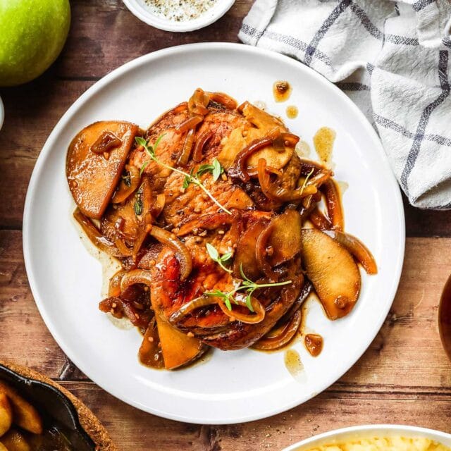 Pork Chops with Apples and Onions cooked on plate