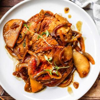 Pork Chops with Apples and Onions cooked on plate