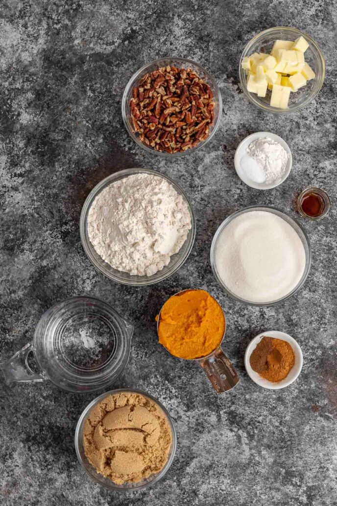Pumpkin Cobbler ingredients in separate bowls