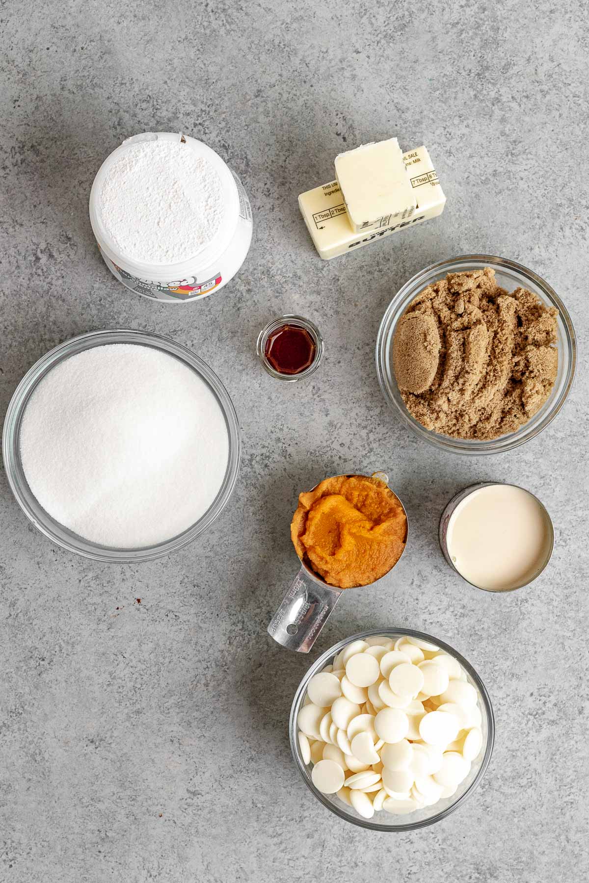 Pumpkin Fudge ingredients in separate bowls