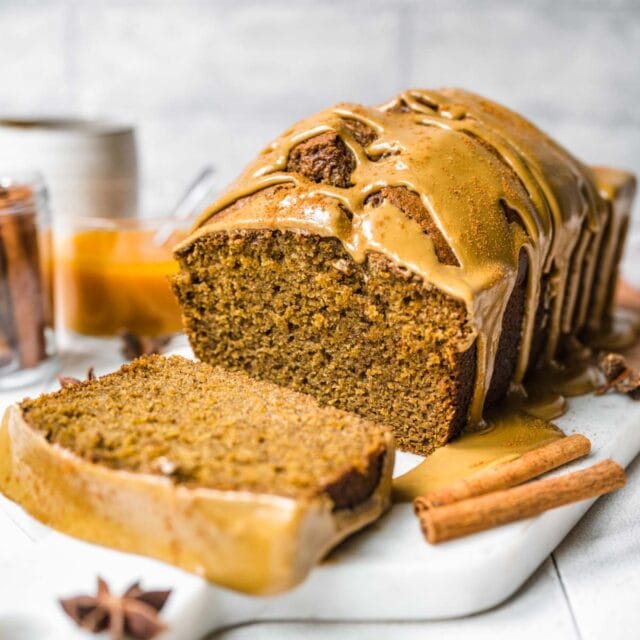 Pumpkin Gingerbread sliced on cutting board 1x1