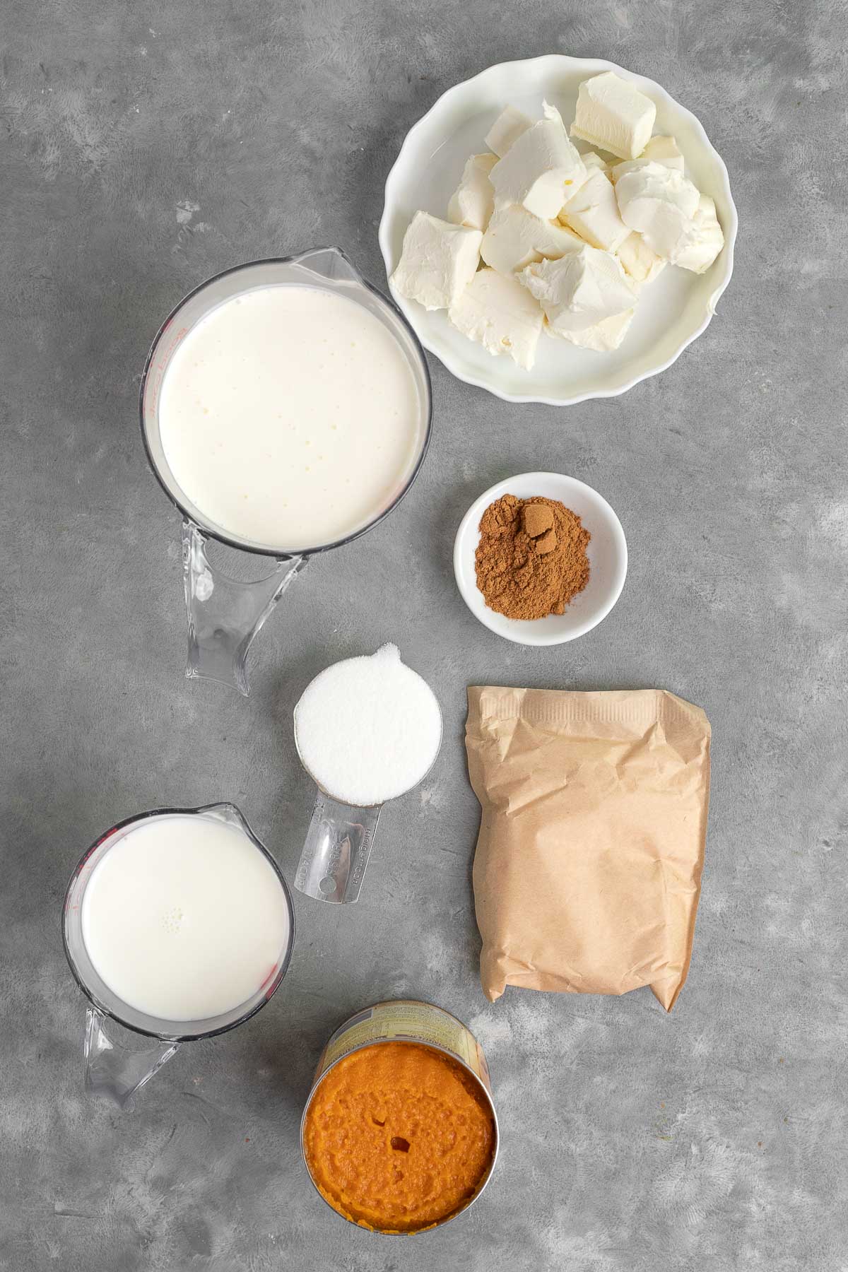 Pumpkin Mousse ingredients spread out in prep bowls.