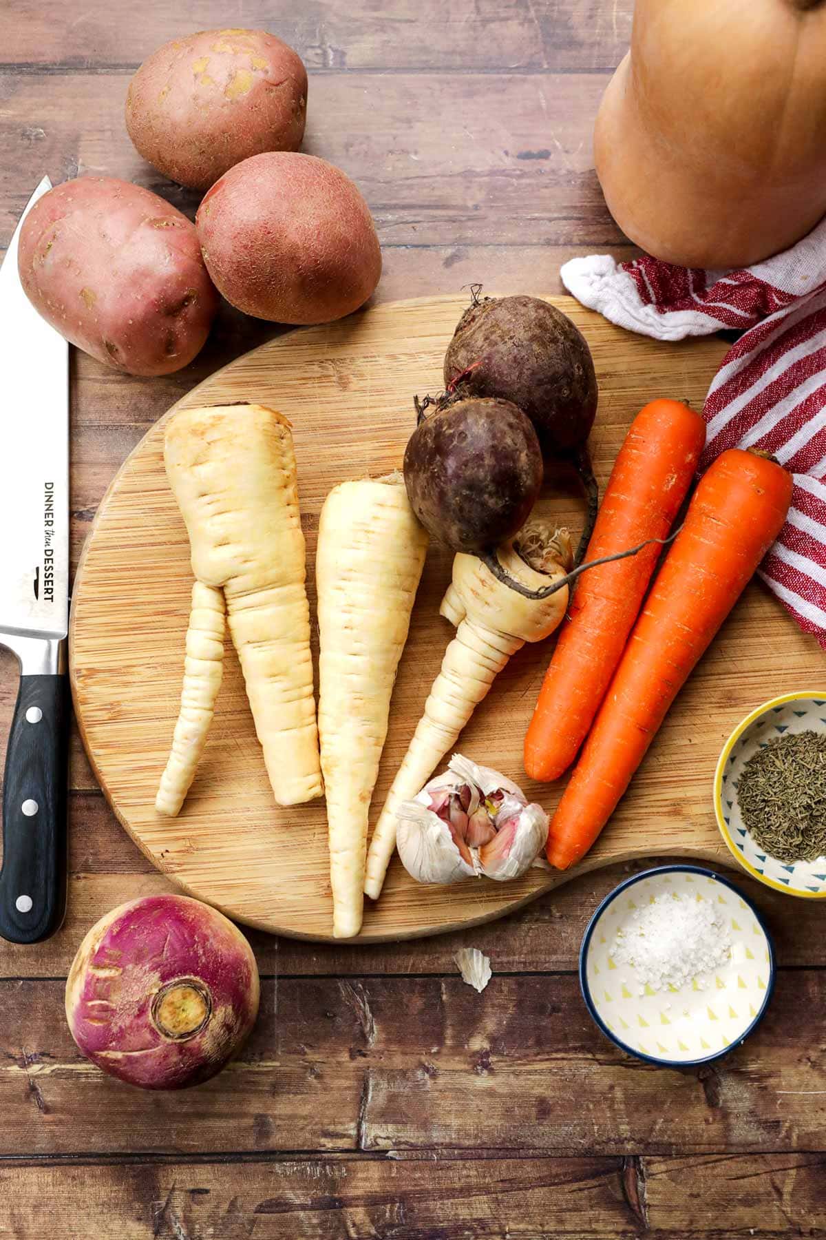 Roasted Winter Vegetables root vegetables on wood cutting board whole