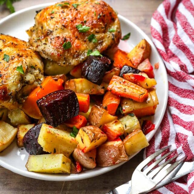 Roasted Winter Vegetables cooked on plate with chicken