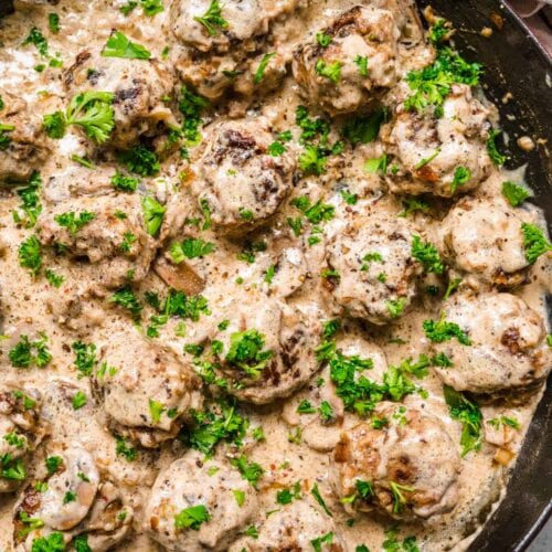 Salisbury Steak Meatballs in cooking pan 1x1