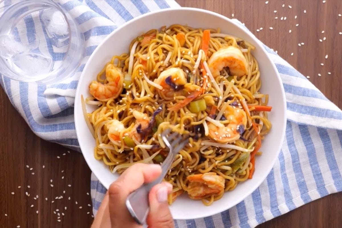 Shrimp Chow Mein in bowl with fork