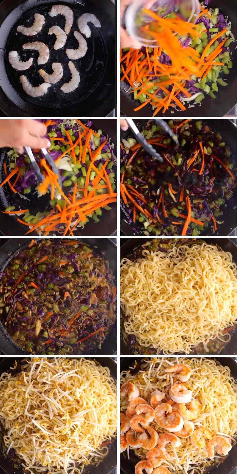 Shrimp Chow Mein Collage of cooking steps