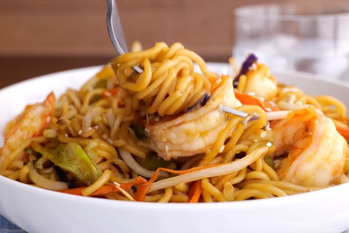 Shrimp Chow Mein in bowl with fork