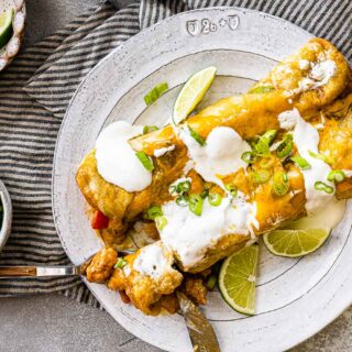 top view Shrimp Enchiladas on plate 4x3
