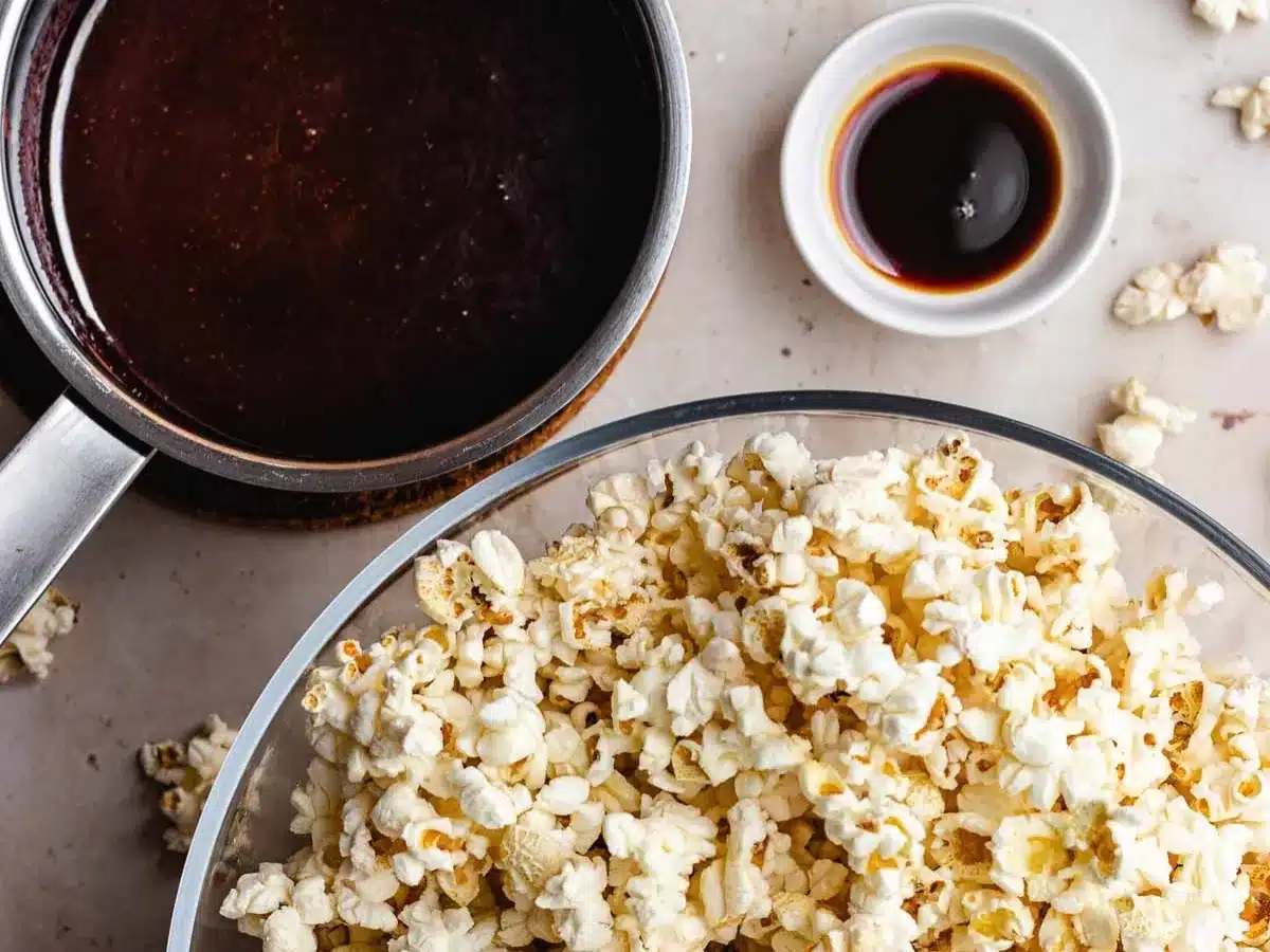 Buttered popcorn in bowl, and measuring cup with cocoa sauce.