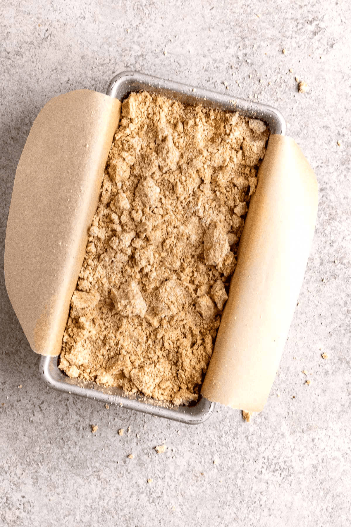 Streusel topping over a bread pan