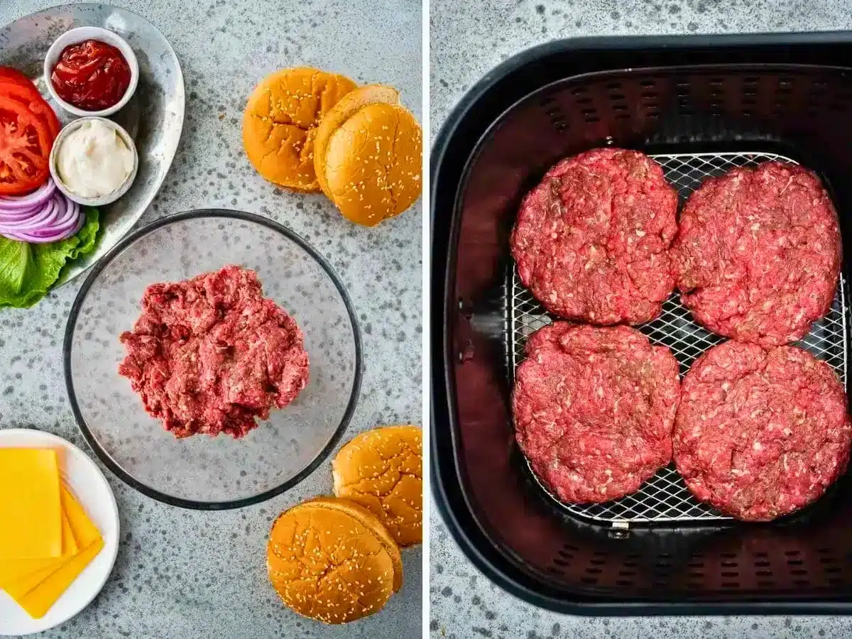 Raw hamburger patty collage