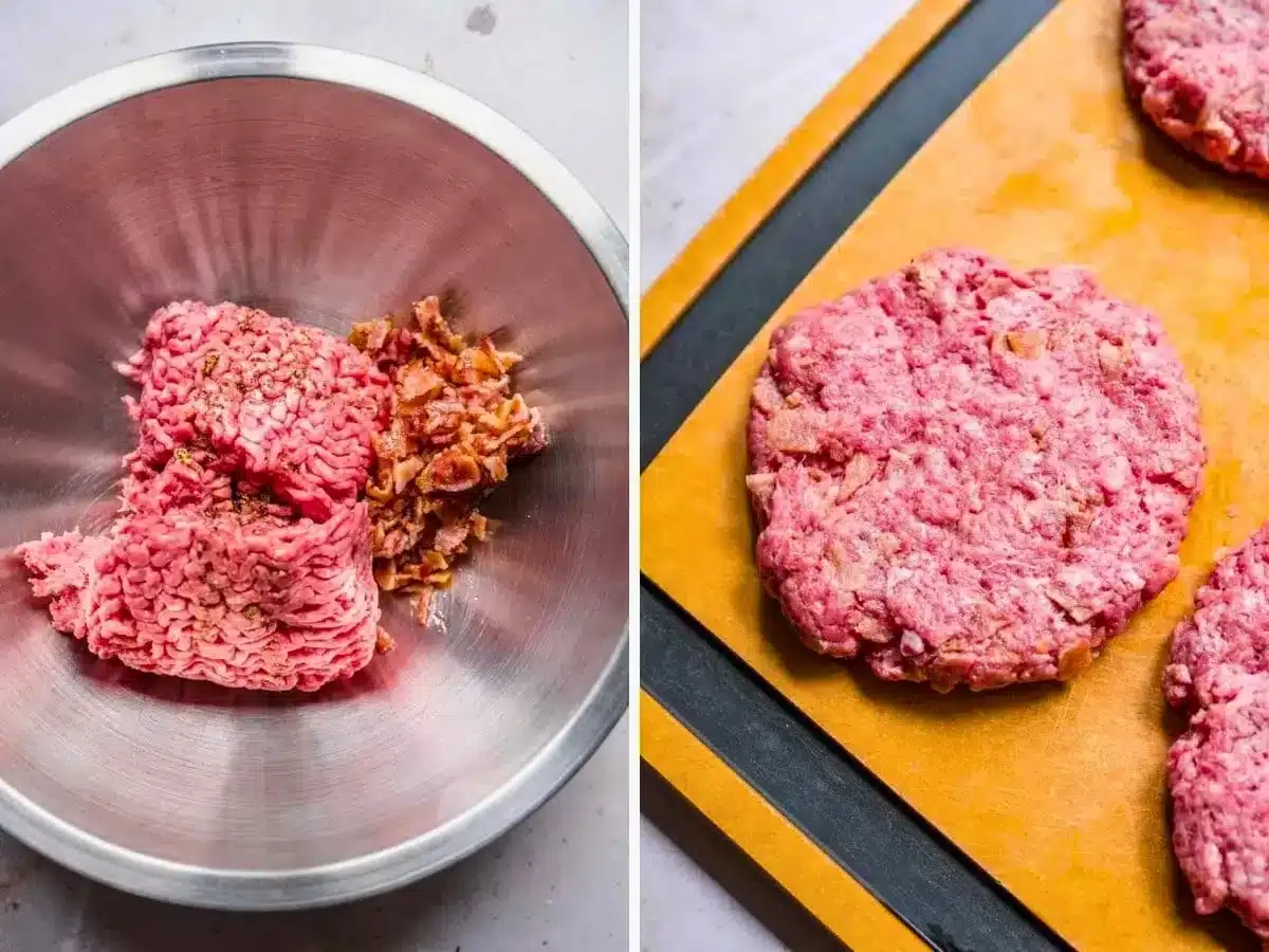 Collage of hamburger meat and bacon and formed patties