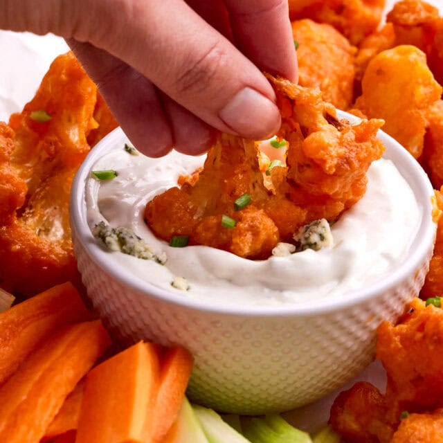Fried cauliflower dipped in blue cheese dressing.