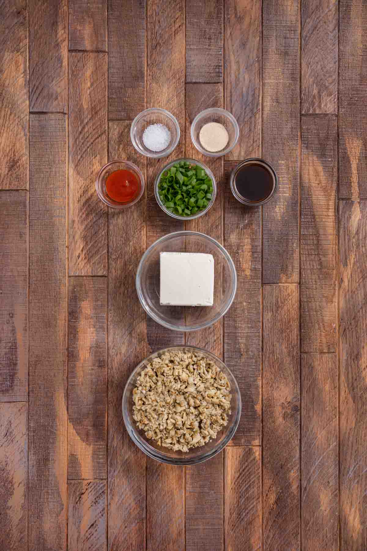 Clam Dip ingredients in separate bowls