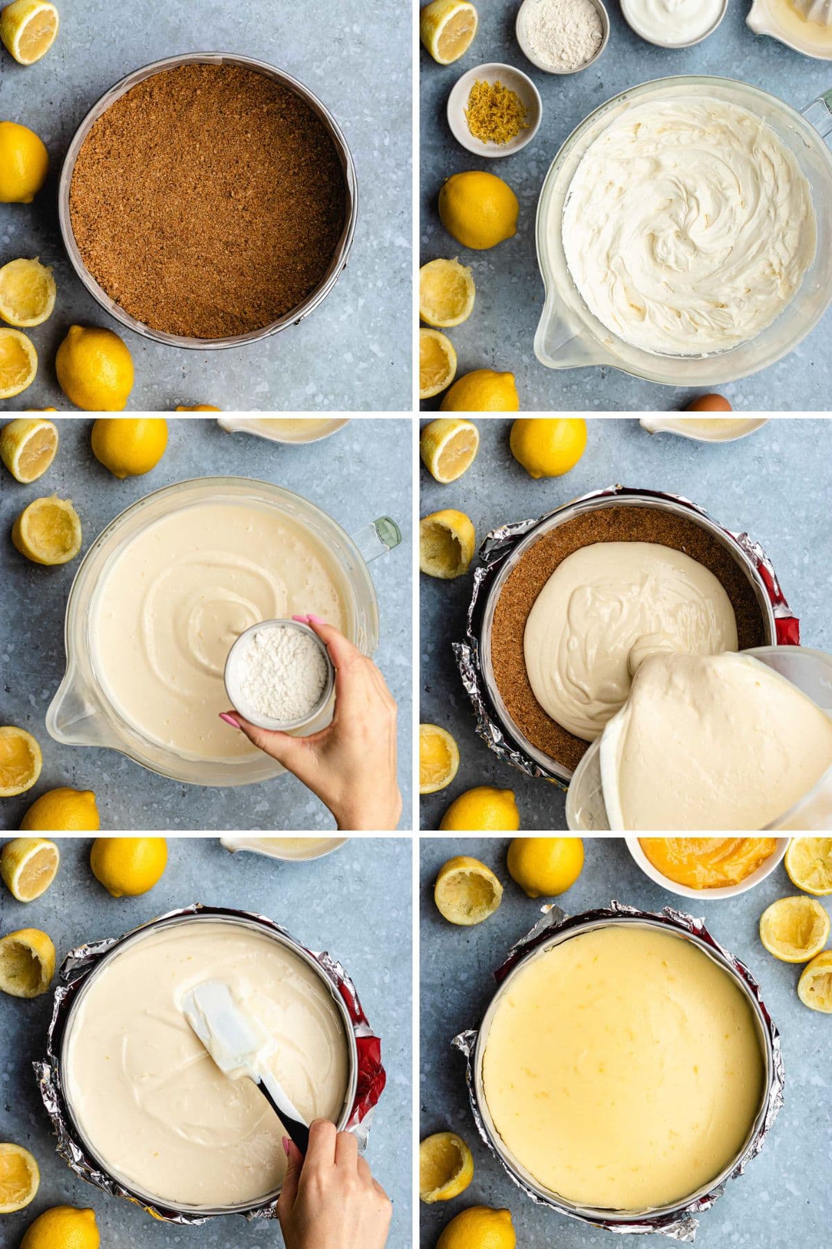 Lemon Cheesecake six picture collage of preparing filling