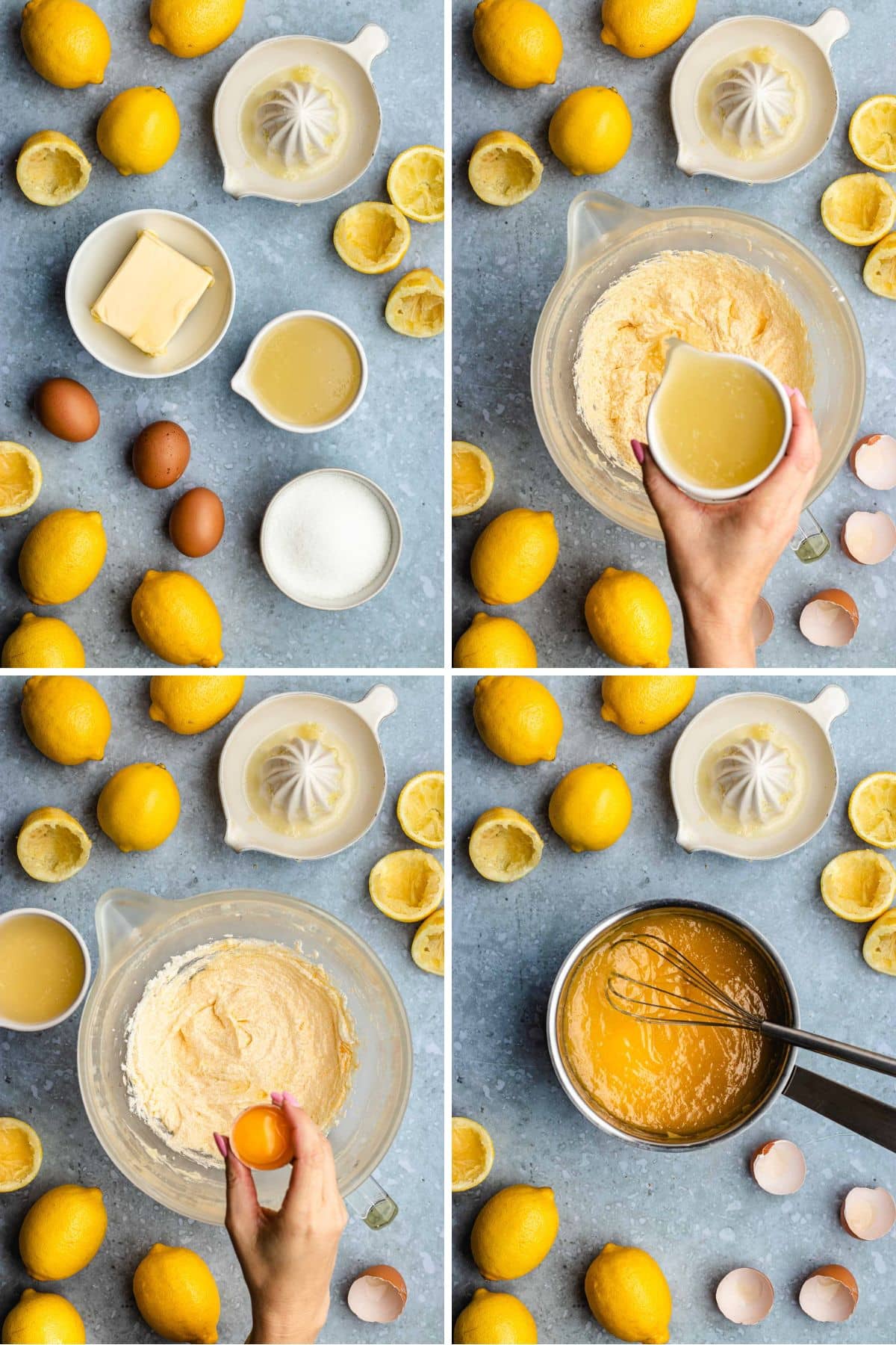Lemon Cheesecake four picture collage of preparing lemon curd