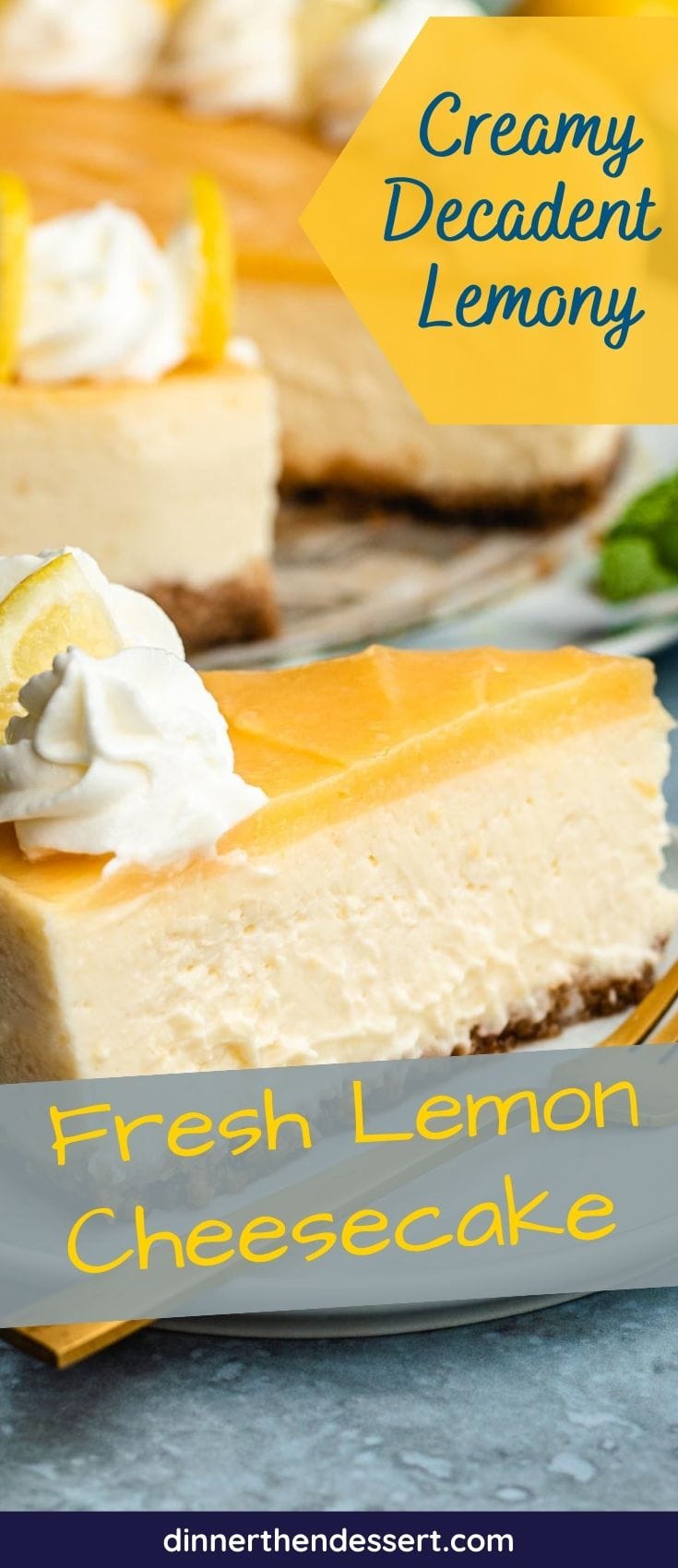 Lemon Cheesecake finished cheesecake slice on plate with recipe title across bottom