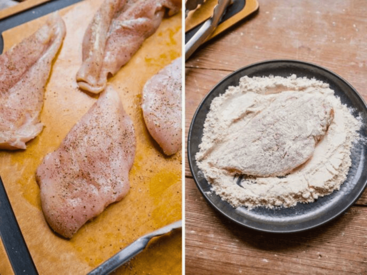 Collage of raw chicken breast and flour