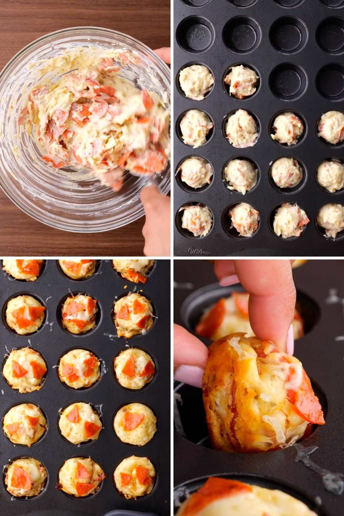 Pepperoni Pizza Bites collage of baking steps