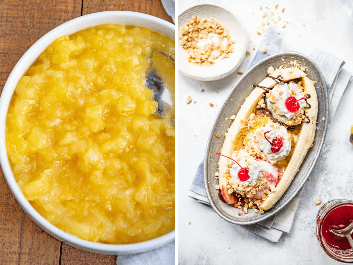 collage of topping and banana split 
