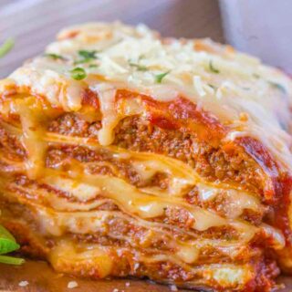 Slice of meat lasagna showing layers