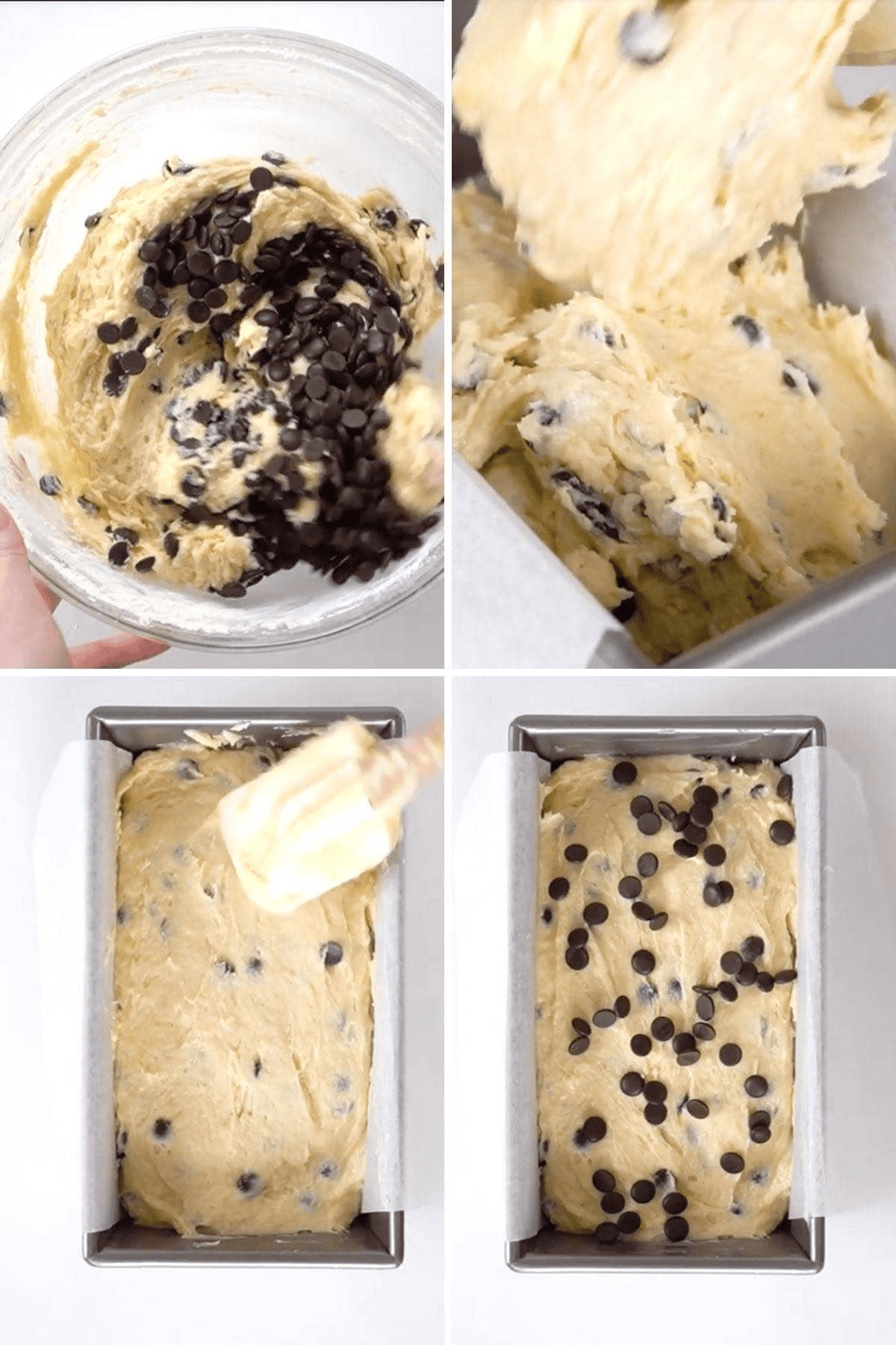 Collage of adding chocolate chip batter to loaf pan