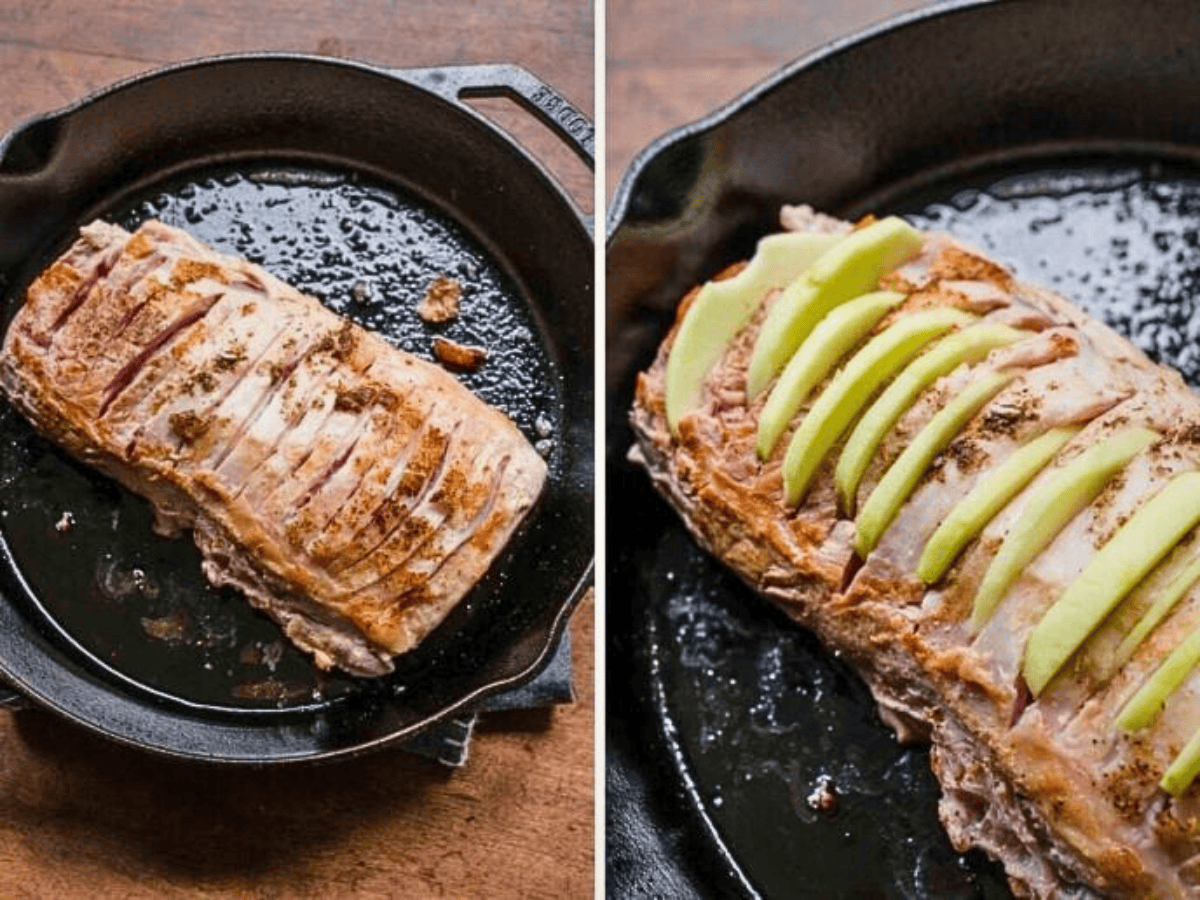 side by side pork loin with and without apple slices